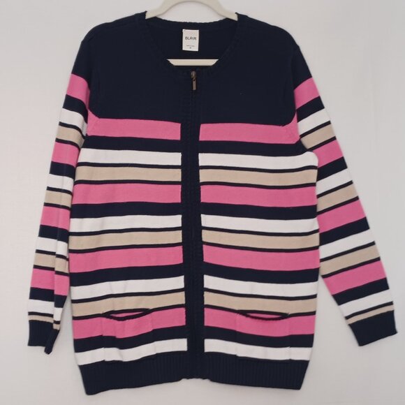 Blair Sweaters - Women's Blair Pink, White, Tan, Black Striped Zip Up Cardigan Size‎ Medium